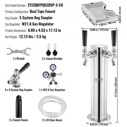 Kegerator-tornkit, Dubbelkran öl-dispenser, 17.5x11.5x43.5 cm, Rostfritt stål
