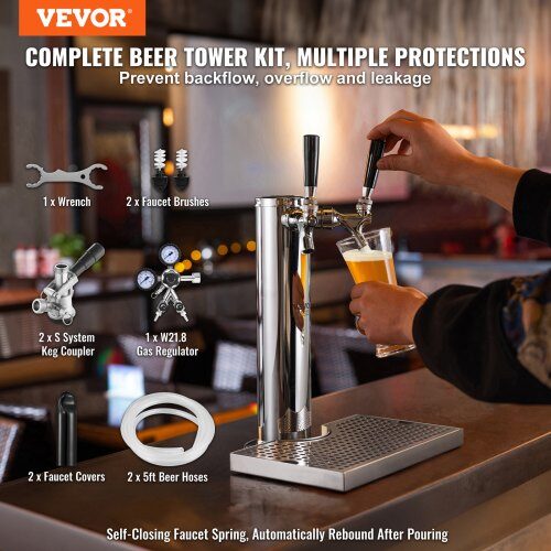 Kegerator-tornkit, Dubbelkran öl-dispenser, 17.5x11.5x43.5 cm, Rostfritt stål