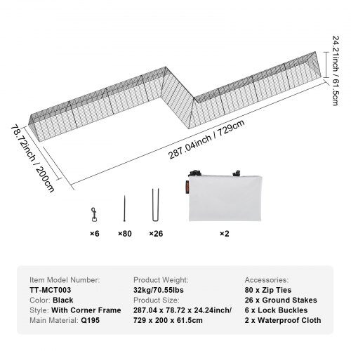 Hönstertunnel, 729x200x61.5 cm, Svart, Stål