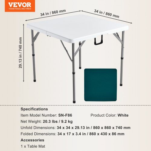 Mahjongbord 86x86x74 cm hvid, sammenklappeligt spillebord