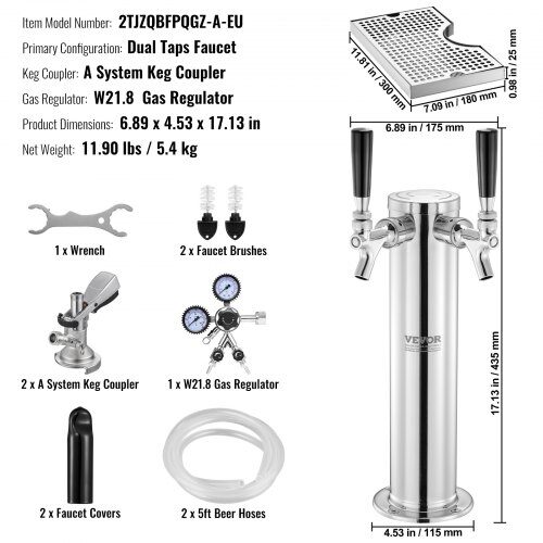 Kegerator Tornkit, Dubbelkran Öl-dispenser, 17.5x11.5x43.5 cm, Rostfritt Stål