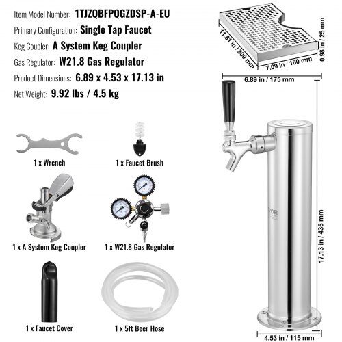 Kegerator-tornisarja, yksihanan oluttornin annostelija, 17,5x11,5x43,5 cm, ruostumaton teräs