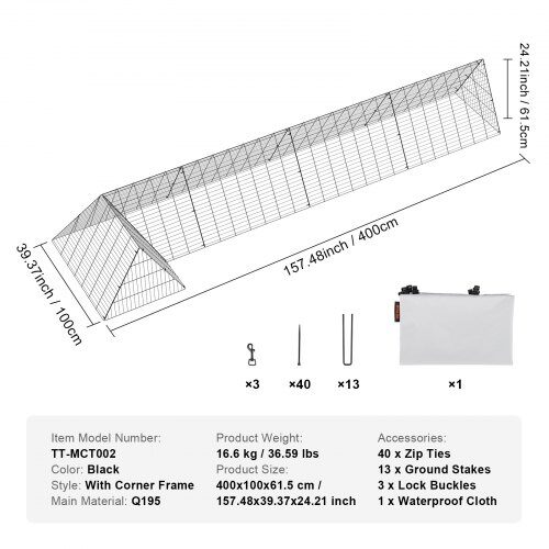 Hönstertunnel, 400x100x61.5 cm, Svart, Stål