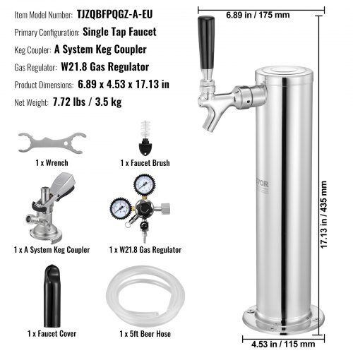 Kegerator tårnsæt, rustfrit stål, 17.5x11.5x43.5 cm, øldispenser