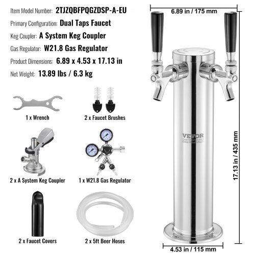 Kegerator Tornkit, Dubbelkran Ölkranstorn, 17.5x11.5x43.5 cm, Rostfritt Stål