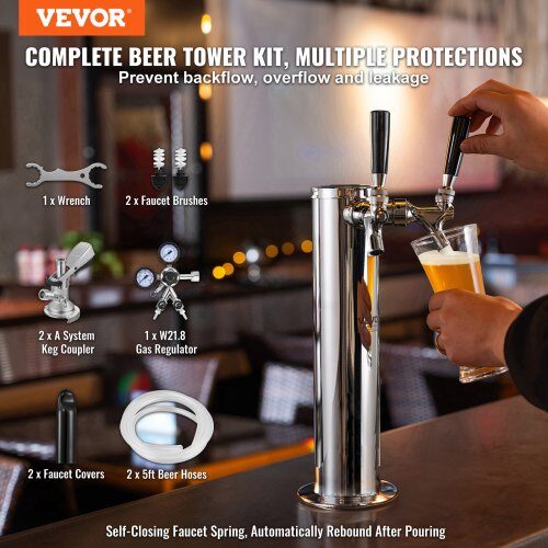 Kegerator Tornkit, Dubbelkran Ölkranstorn, 17.5x11.5x43.5 cm, Rostfritt Stål