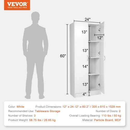 Spisekammer Skab, 30.5x61x152.9 cm, Hvid, Justerbare Hylder