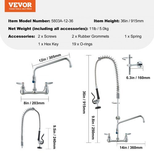 Köksblandare för kommersiellt bruk, 91,4x20,3x30,5 cm, mässing, väggmonterad, utdragbar dusch