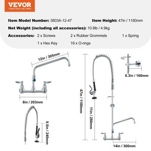 Kommersiell köksblandare, 119,4 cm höjd, 30,5 cm pip, mässing, väggmonterad, utdragbar dusch