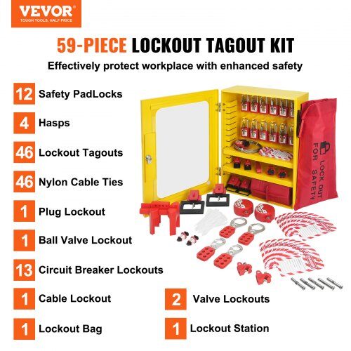 Lockout Tagout-sæt, 59 dele, Sikkerhedslåsestation, Elektrisk, Opbevaring