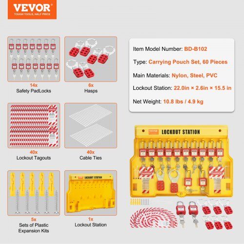 Lockout Tagout-kit, 60-delars elektriskt säkerhetspaket, industriell, nylon stål PVC