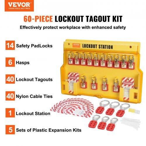 Lockout Tagout-kit, 60-delars elektriskt säkerhetspaket, industriell, nylon stål PVC