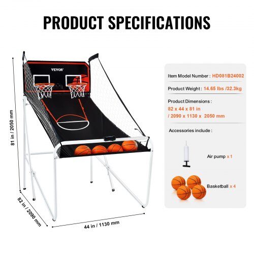 Basketbollspel Arcade, Fällbar Dubbelkast, 209x113x205 cm, Svart, Inomhussport