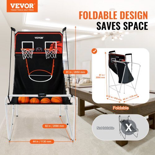 Basketbollspel Arcade, Fällbar Dubbelkast, 209x113x205 cm, Svart, Inomhussport