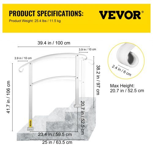 Handledare för utomhustrappor, 63.5x97x106 cm, vit, smidesjärn