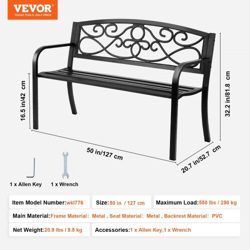 Utomhusbänk, 52,7x127x81,8 cm, Svart, Metall