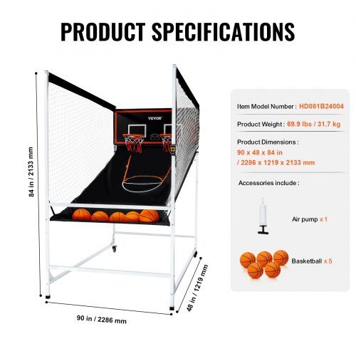 Basketbollsarkadspel, 2286x1219x2133 mm, Svart, Inomhussport