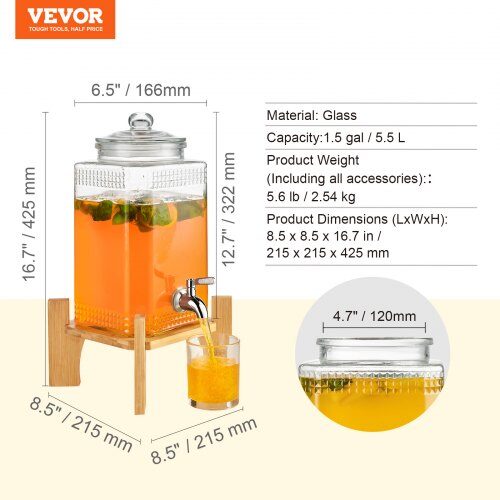 Dryckesdispenser, 21.5x21.5x42.5 cm, Glas, Rostfritt stålkran, med ställning