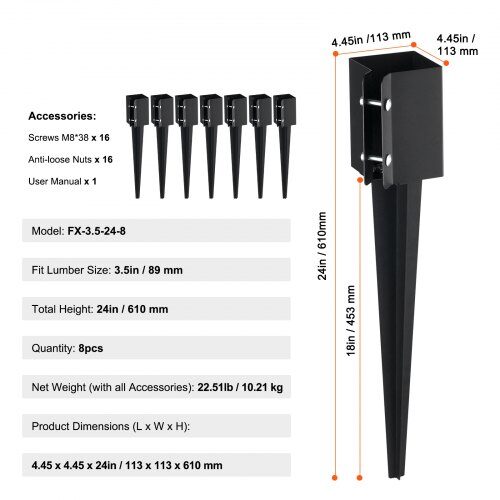 Hegnspostanker, 61x10.2x10.2 cm, Sort, Metal pulverlakeret
