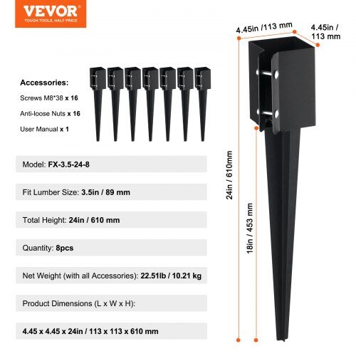 Hegnspostanker, 61x10.2x10.2 cm, Sort, Metal pulverlakeret