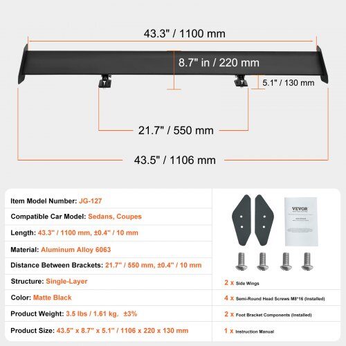 Bilspoiler, GT Wing Single Deck, 110,6x22x13 cm, Sort, Aluminium