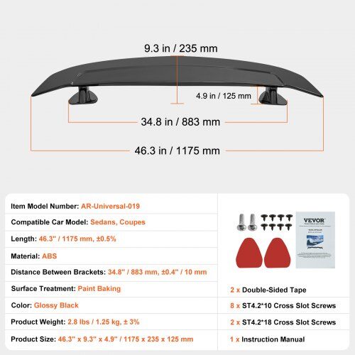 Bilspoiler, 117,5x23,5x12,5 cm, Sort, ABS-materiale