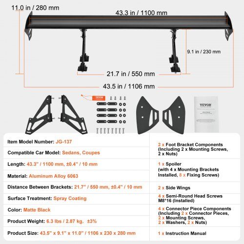 Bagspoiler GT-stil Justerbar 110,6x23x28 cm Sort, Aluminiumlegering