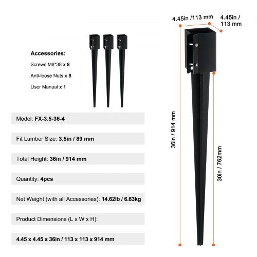 Hegnspostanker, 4-pak, 11,3x11,3x91,5 cm, Sort, Metal