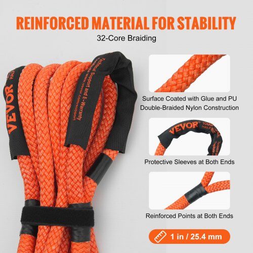 Kinetisk bjærgningsreb, 2.54x610 cm, kraftig nylon, offroad rem