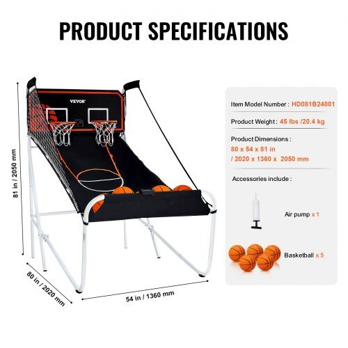 Basketbollspel Arcade, Fällbar Dubbelkast, 202x136x205 cm, Svart & Vit