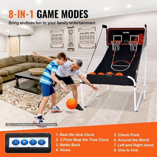 Basketbollspel Arcade, Fällbar Dubbelkast, 202x136x205 cm, Svart & Vit