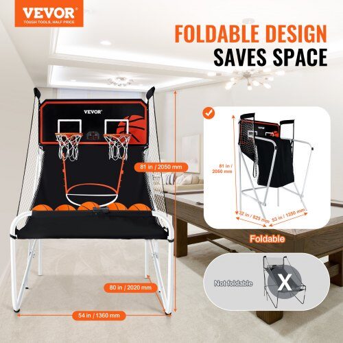 Basketbollspel Arcade, Fällbar Dubbelkast, 202x136x205 cm, Svart & Vit