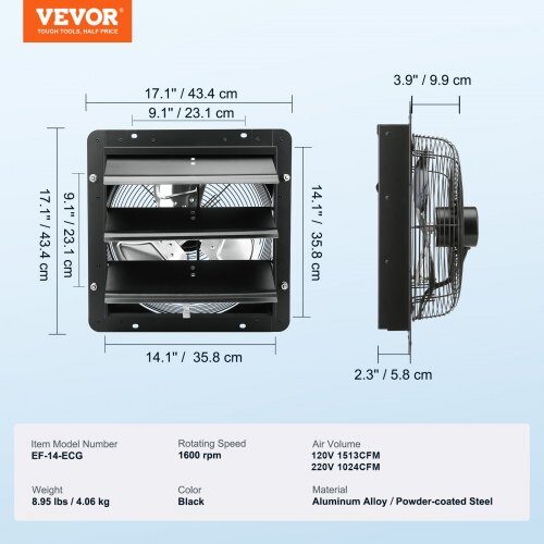 Udsugningsventilator, 43,5x43,5x19 cm, Sort, Metal, Ventilation
