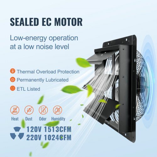 Udsugningsventilator, 43,5x43,5x19 cm, Sort, Metal, Ventilation