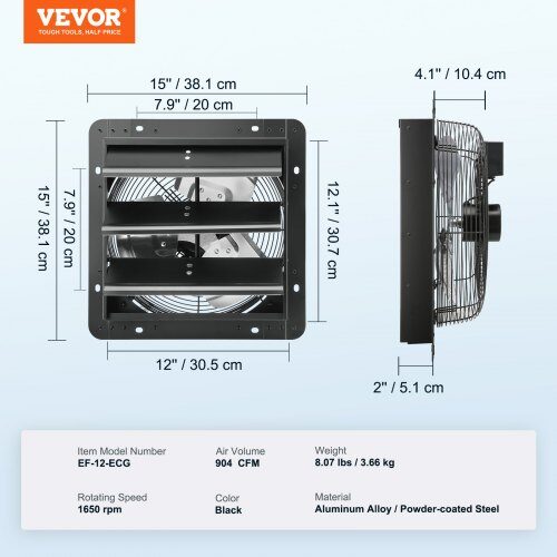 Udsugningsventilator, 38x38x19 cm, Sort, Metal, Ventilation