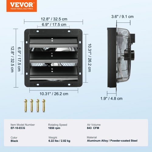 Udsugningsventilator, 32,5x32,5x20 cm, Sort, Metal, Ventilation