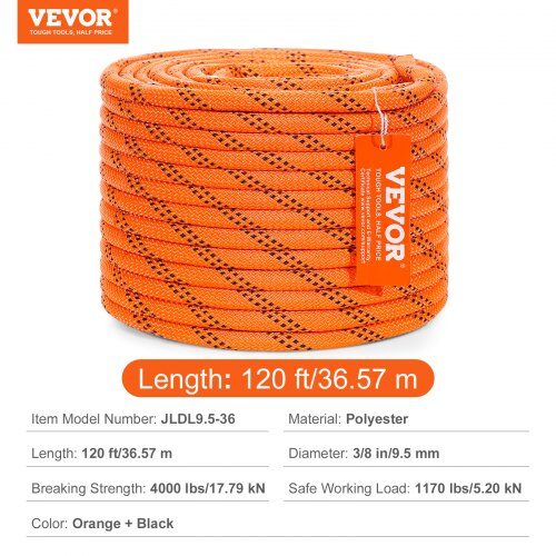 Klätringrep, Dubbelflätad Polyester, 1x366 cm, Orange, hög hållfasthet