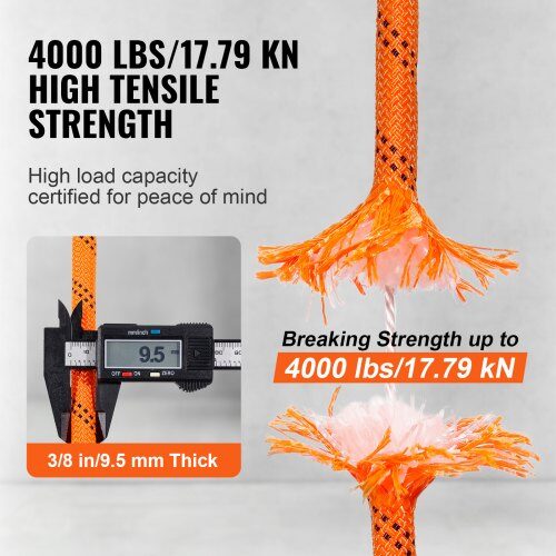 Klätringrep, Dubbelflätad Polyester, 1x366 cm, Orange, hög hållfasthet