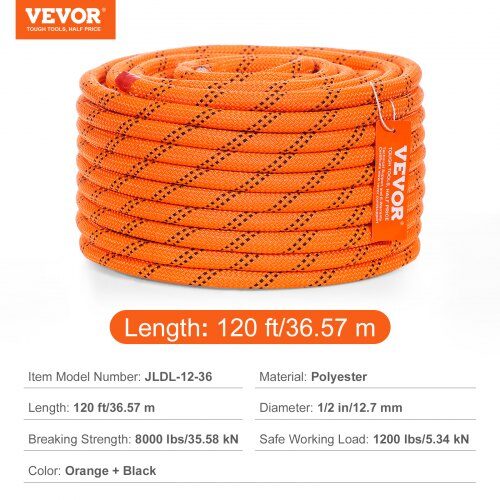 Klätterrep, Dubbel flätad polyester, 1.3x3660 cm, Orange