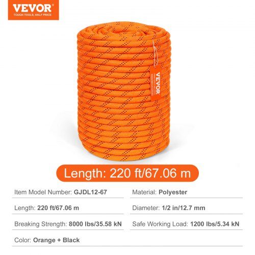 Trädklättringsrep, Dubbel flätad polyester, 1.3x670.6 cm, Orange, 48-trådig