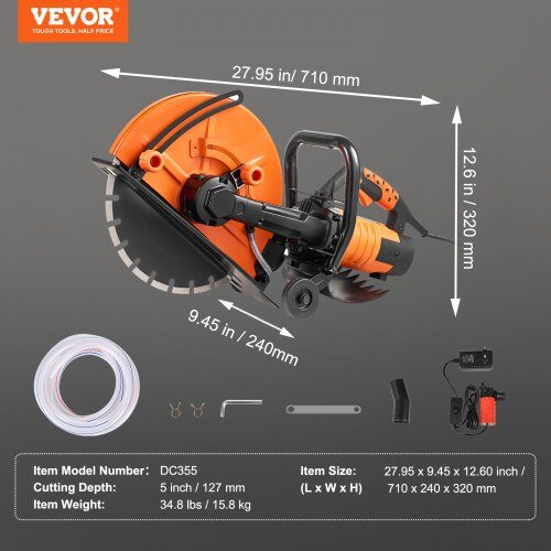 Elektrisk betonsav, 35.6 cm våd/tør skærer med vandpumpe, 72x24x33 cm