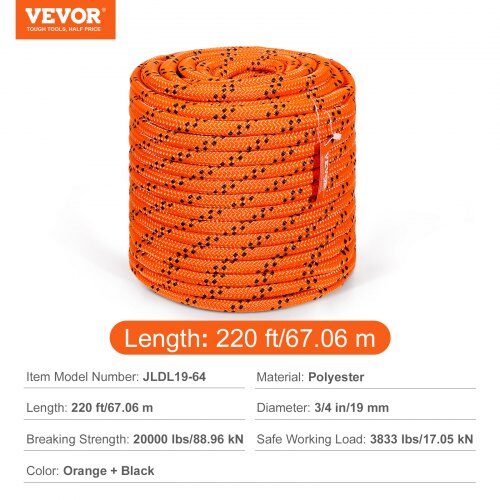 Trädklättringsrep, Dubbel fläta polyester, 1.9 cm x 67.1 m, Orange, 24-trådig