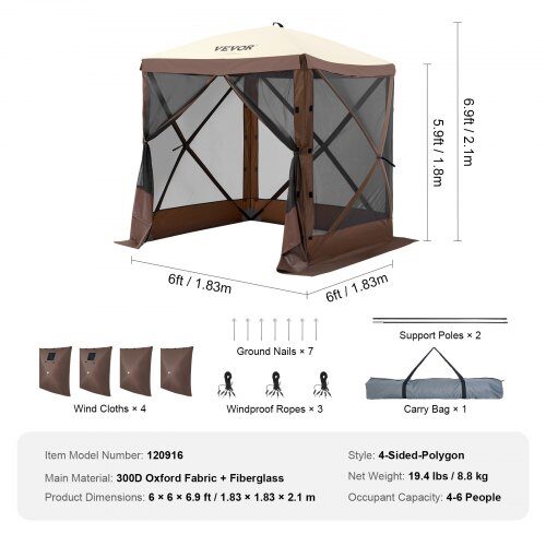 Pavillon Telt, 183x183x210 cm, Brun, Myggenet