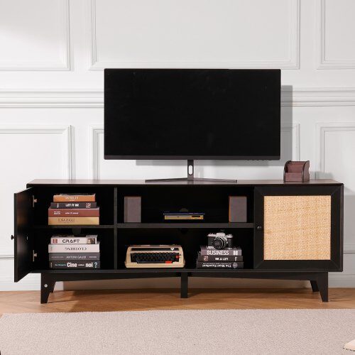 TV-taso, 167.7x39.7x63.6 cm, musta, rottinkisäilytys