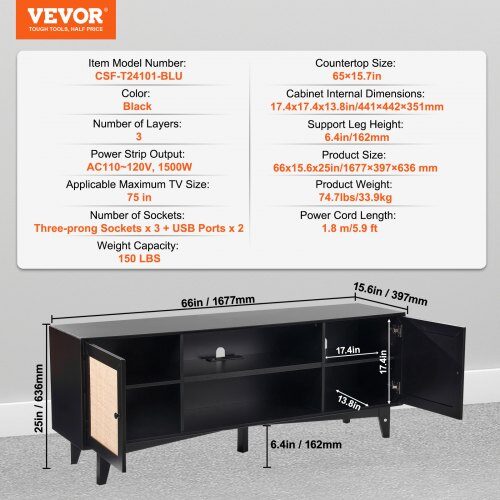 TV-taso, 167.7x39.7x63.6 cm, musta, rottinkisäilytys