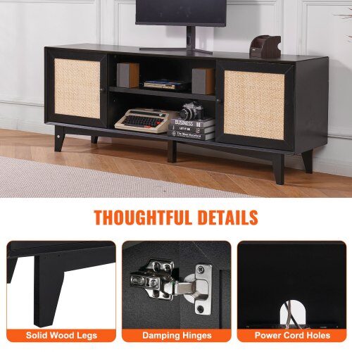 TV-taso, 167.7x39.7x63.6 cm, musta, rottinkisäilytys