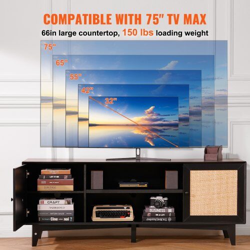 TV-taso, 167.7x39.7x63.6 cm, musta, rottinkisäilytys