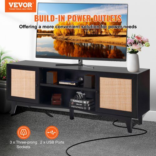 TV-taso, 167.7x39.7x63.6 cm, musta, rottinkisäilytys