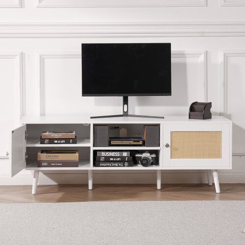 TV-taso, 140x40x50 cm, valkoinen, rottinkinen ovikaappi