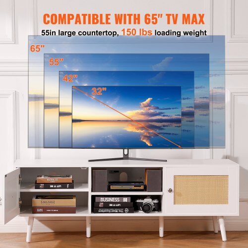 TV-taso, 140x40x50 cm, valkoinen, rottinkinen ovikaappi